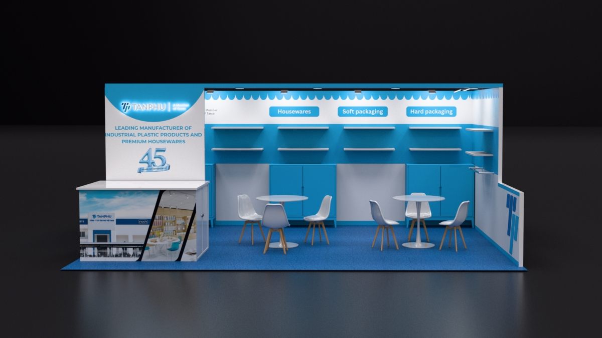 Design render of a 10×20 corner trade show booth: corner booth with shelved back wall and seating
