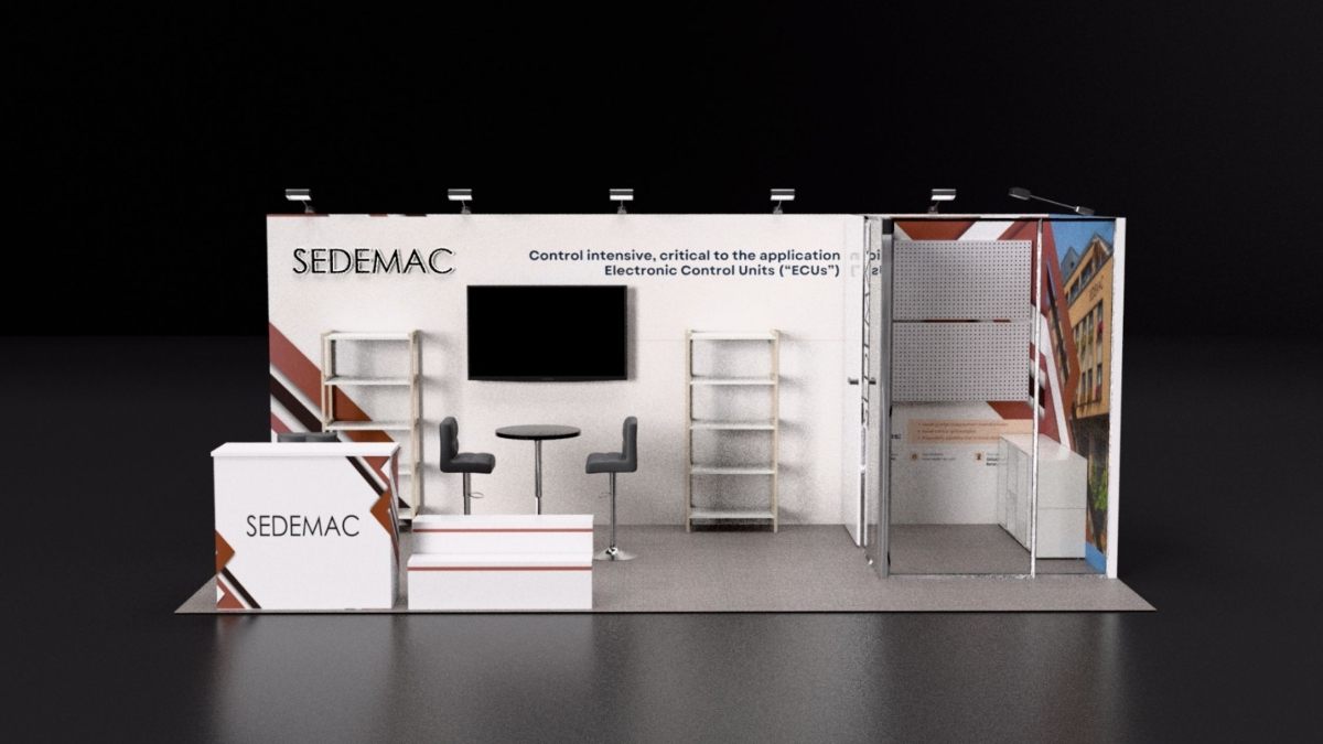 Design render of a 10×20 corner trade show booth: corner booth with shelving and glass-door display room