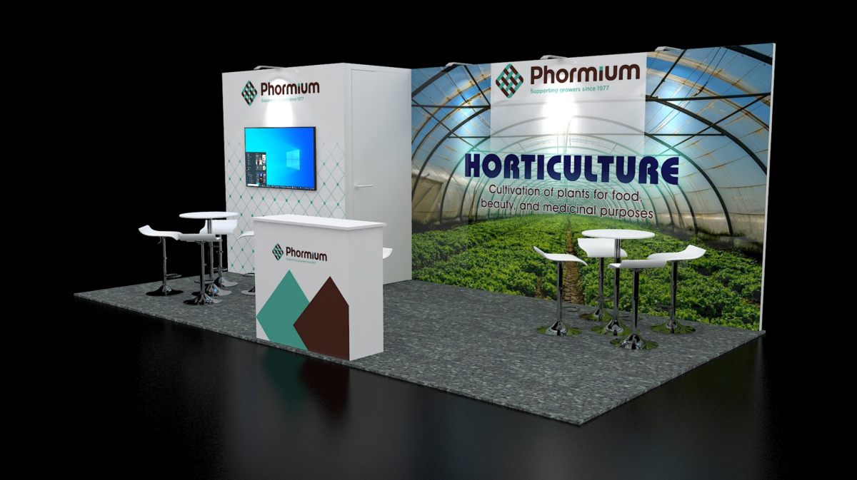 Design render of a 10×20 corner trade show booth: corner booth with storage room and large graphic wall