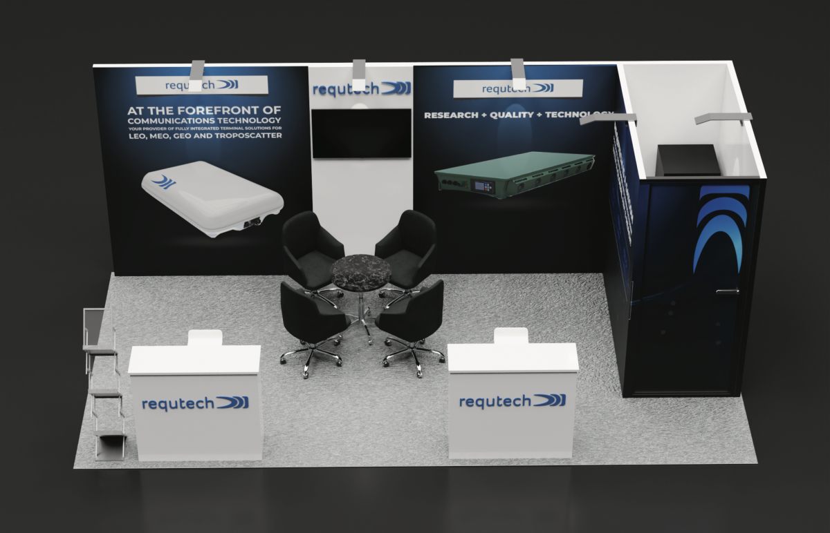 Design render of a 10×20 corner trade show booth: corner booth with storage room and two logo counters