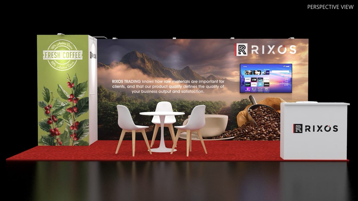 Design render of a 10×20 corner trade show booth: corner booth with tall side tower and red carpet
