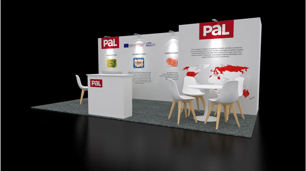 Design render of a 10×20 corner trade show booth: corner booth with tower wall and two meeting tables