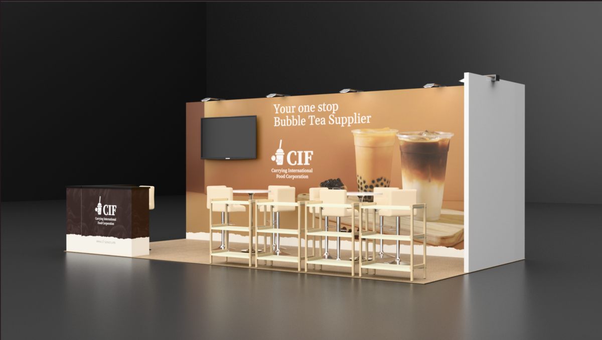 Design render of a 10×20 corner trade show booth: corner booth with tv wall and four bar tables