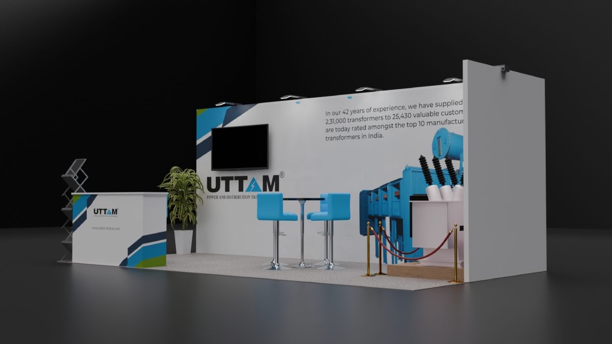 Design render of a 10×20 corner trade show booth: corner booth with wall screen and display area