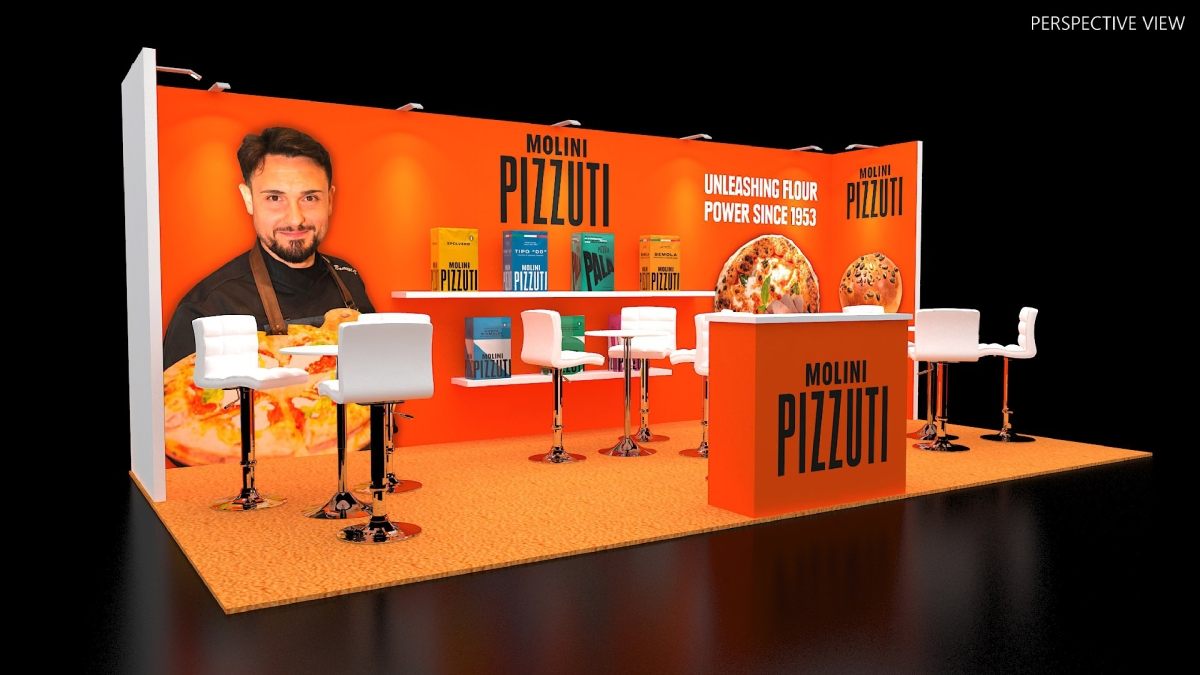 Design render of a 10×20 corner trade show booth: corner booth with wall shelves and bar stool seating