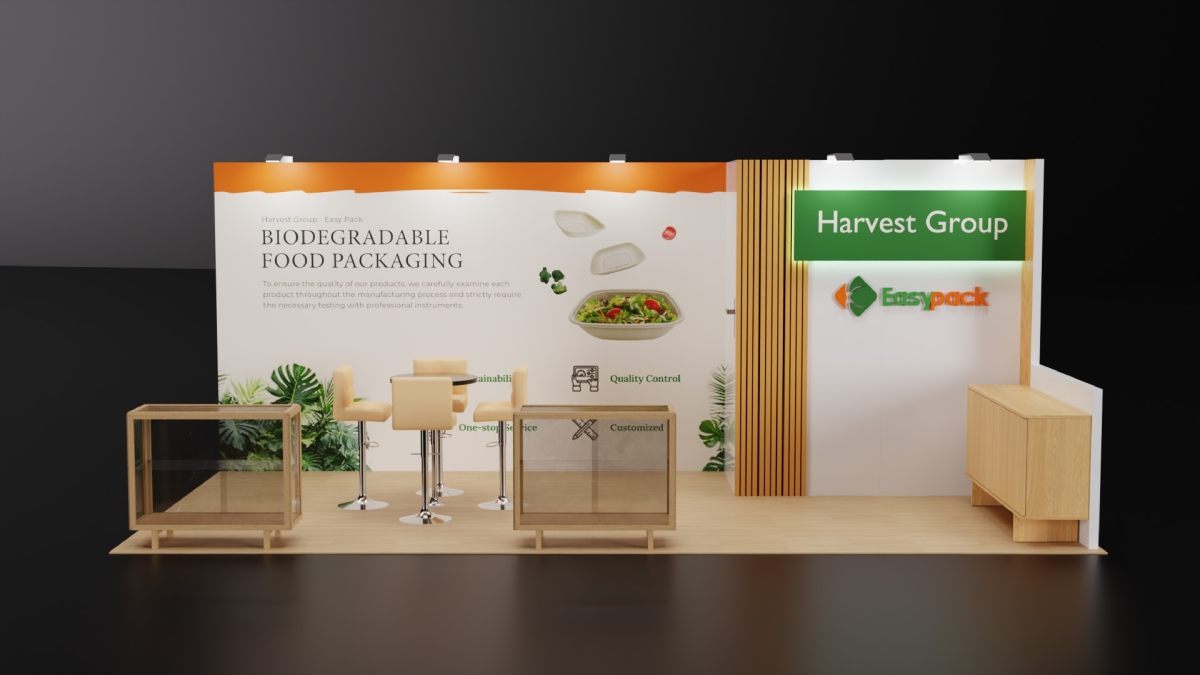 Design render of a 10×20 corner trade show booth: corner booth with wood slat feature and glass display cases