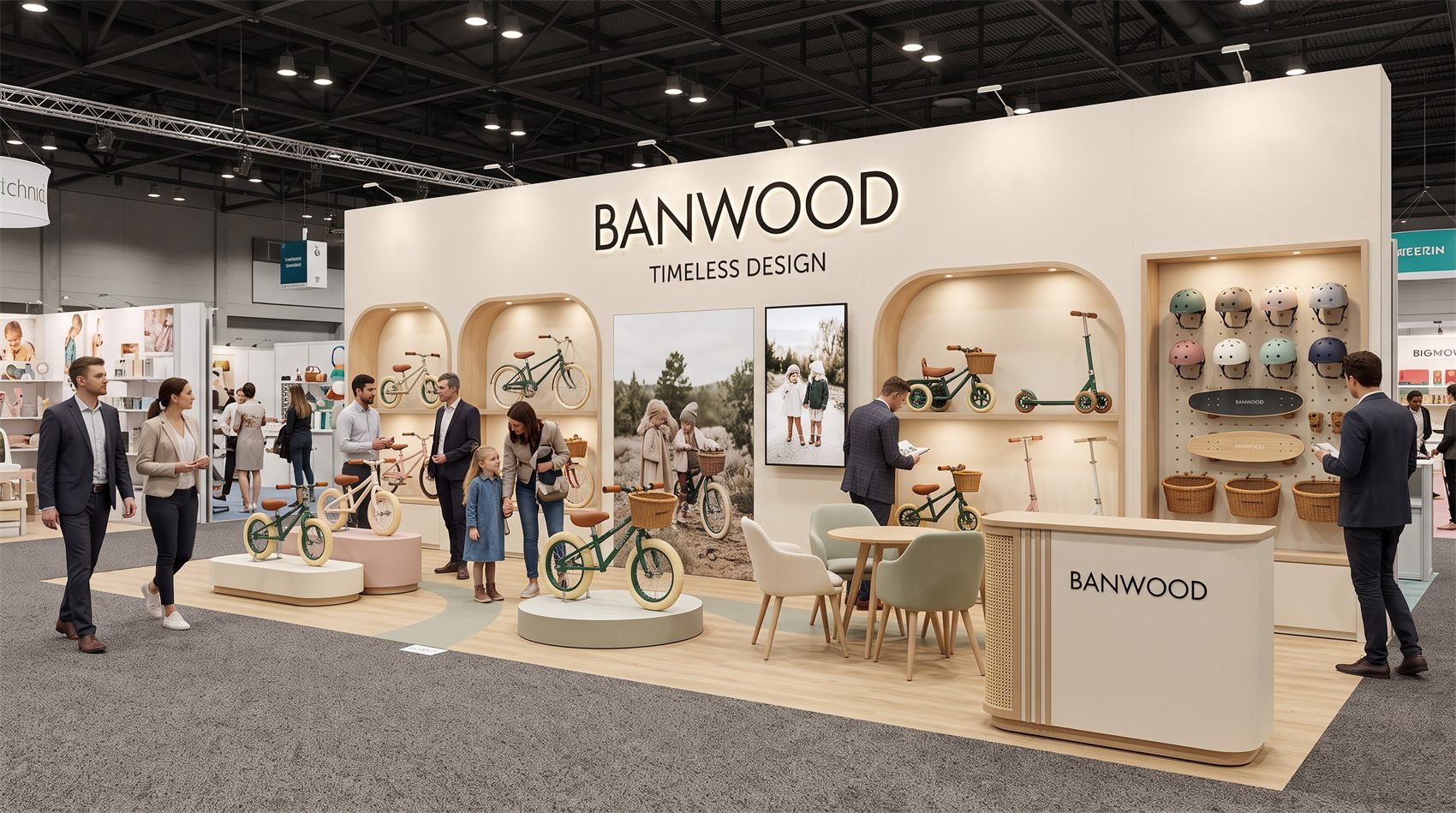 Design render of a 10×20 inline trade show booth: inline booth with arched product niches and wood floor