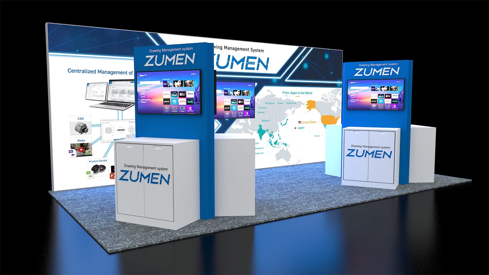 10×20 Inline Booth With Backlit Back Wall and Twin TV Demo Kiosks