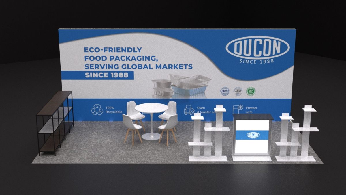 Design render of a 10×20 inline trade show booth: inline booth with backlit counter and tiered product stands