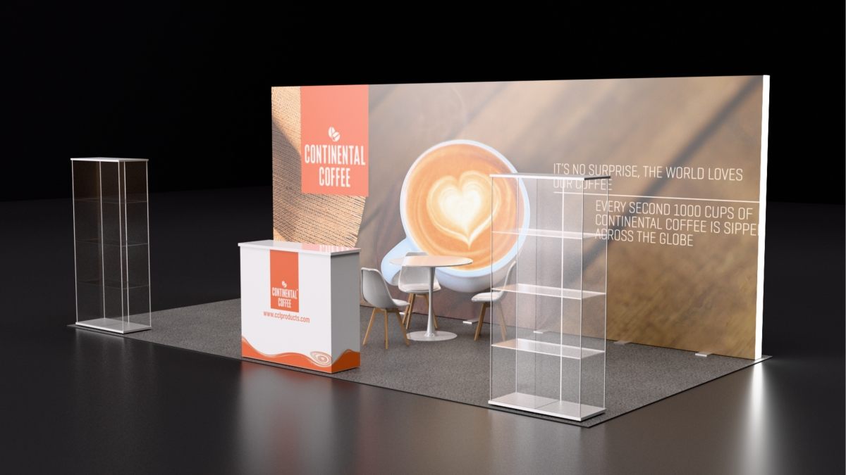 Design render of a 10×20 inline trade show booth: inline booth with backlit fabric wall and glass display cases