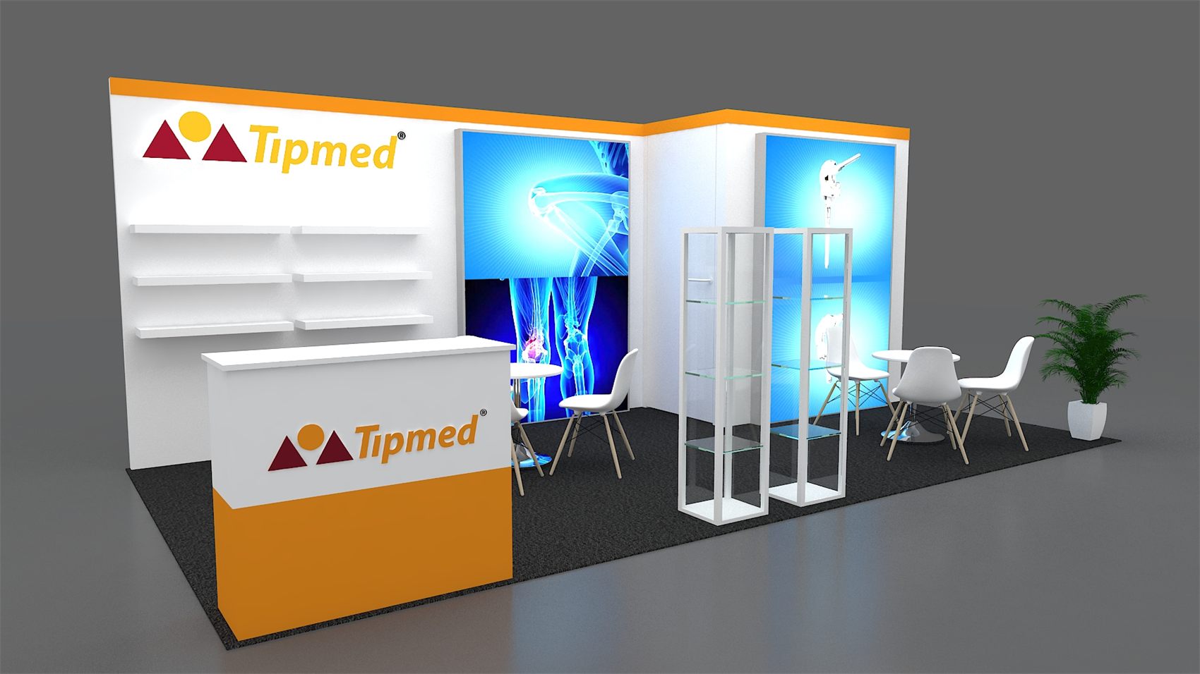 10×20 Inline Booth With Backlit Graphic Panels and Glass Display Towers