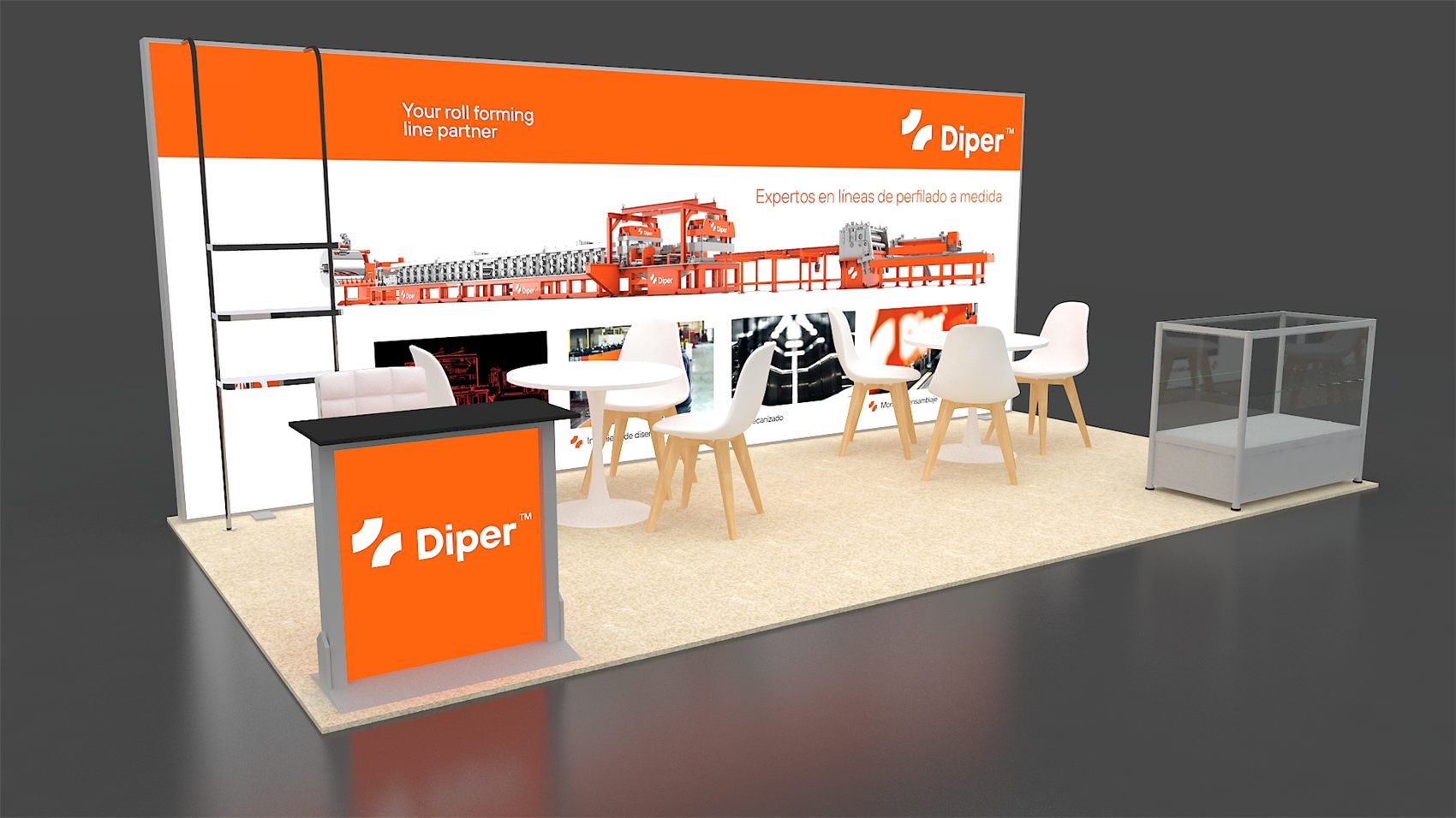Design render of a 10×20 inline trade show booth: inline booth with backlit graphic wall and glass display case