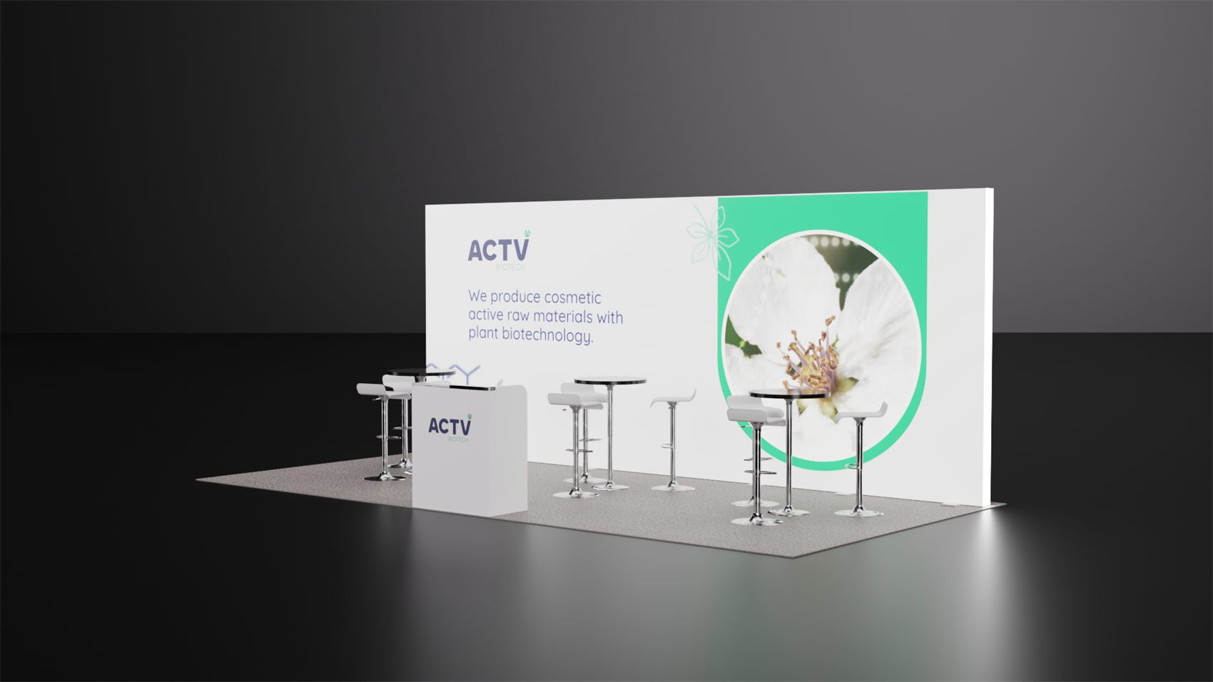 10×20 Inline Booth With Backlit Graphic Wall and Three Bar Tables