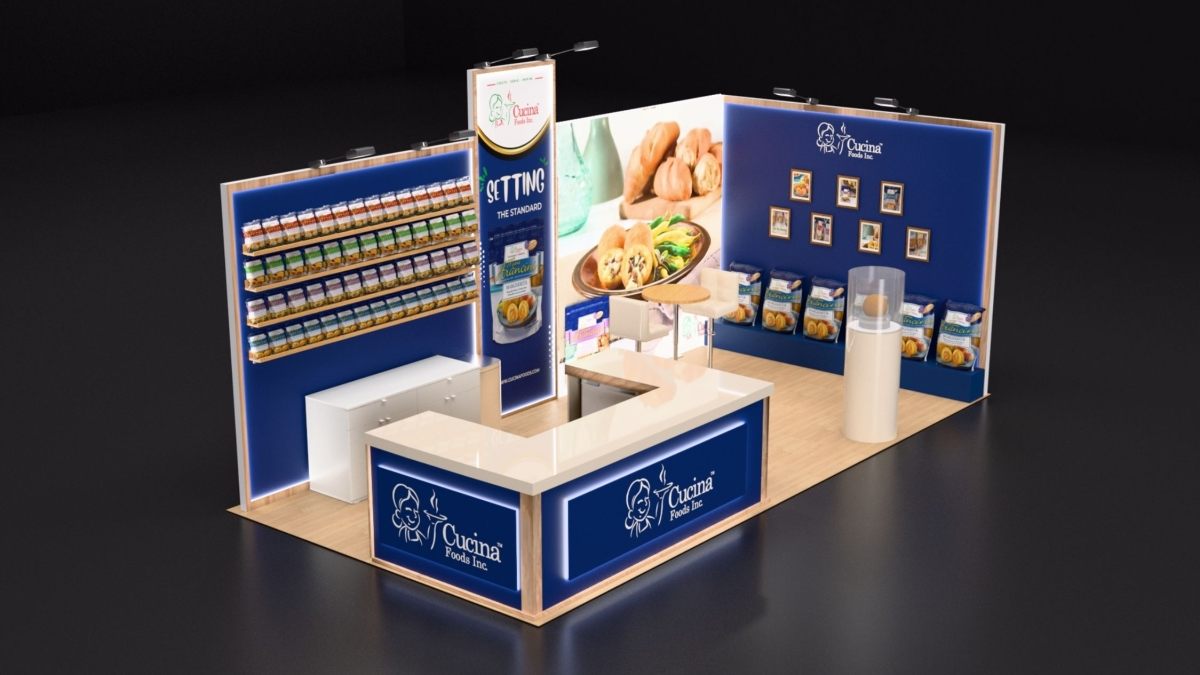 Design render of a 10×20 inline trade show booth: inline booth with backlit l-shaped counter and product wall