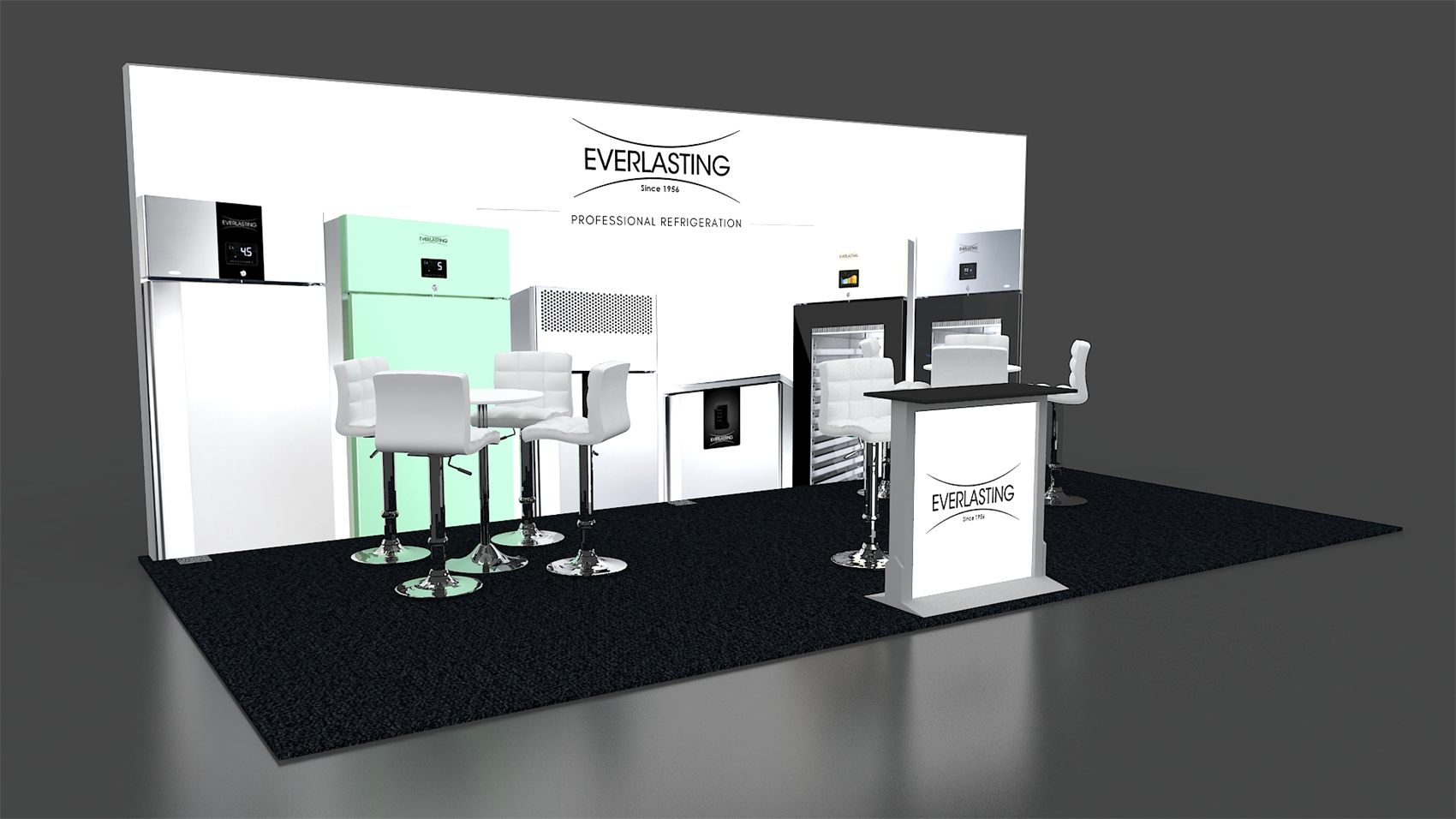 10×20 Inline Booth With Backlit Wall and Equipment Display Area