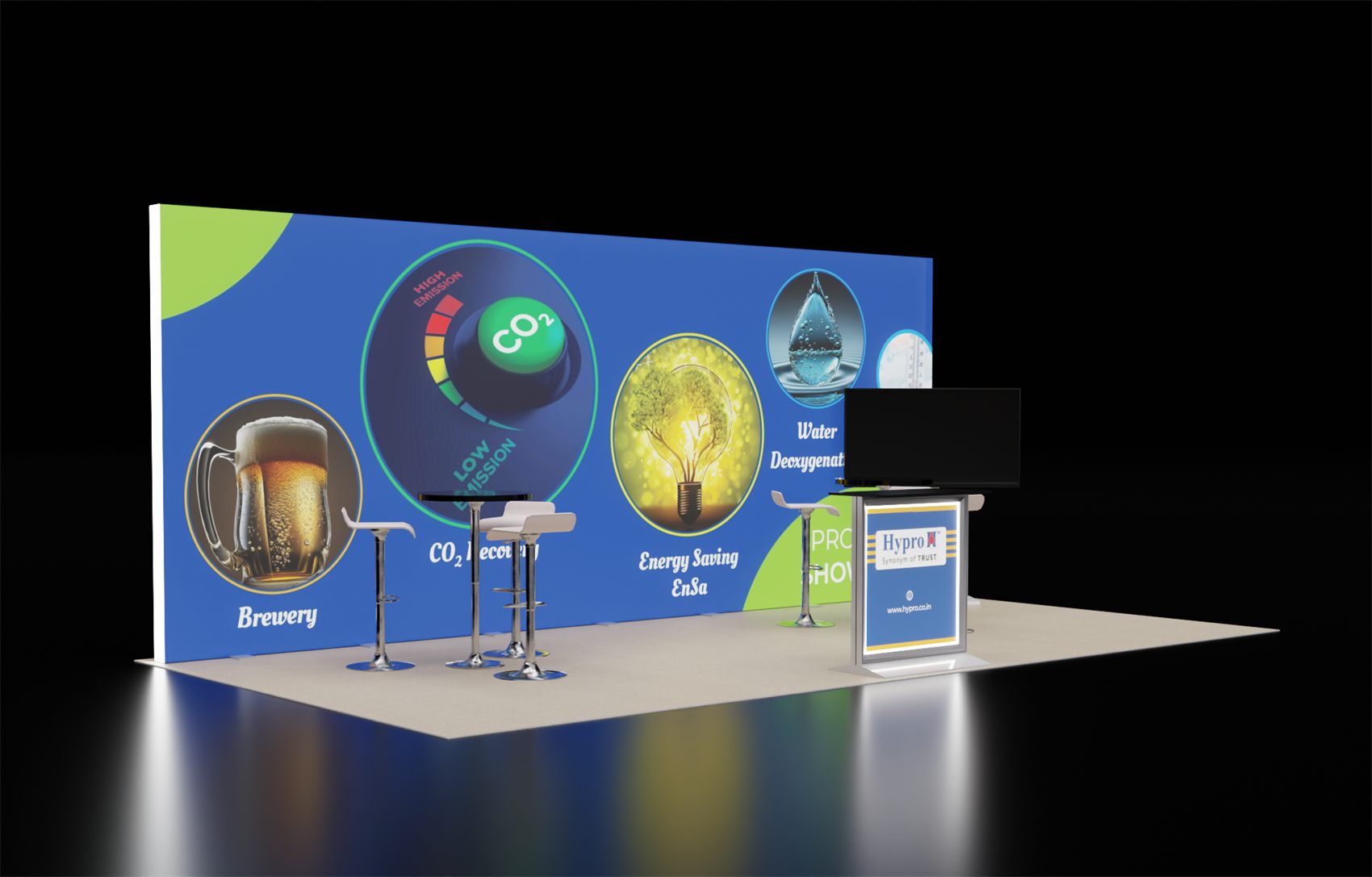 10×20 Inline Booth With Backlit Wall and TV Kiosk Counter