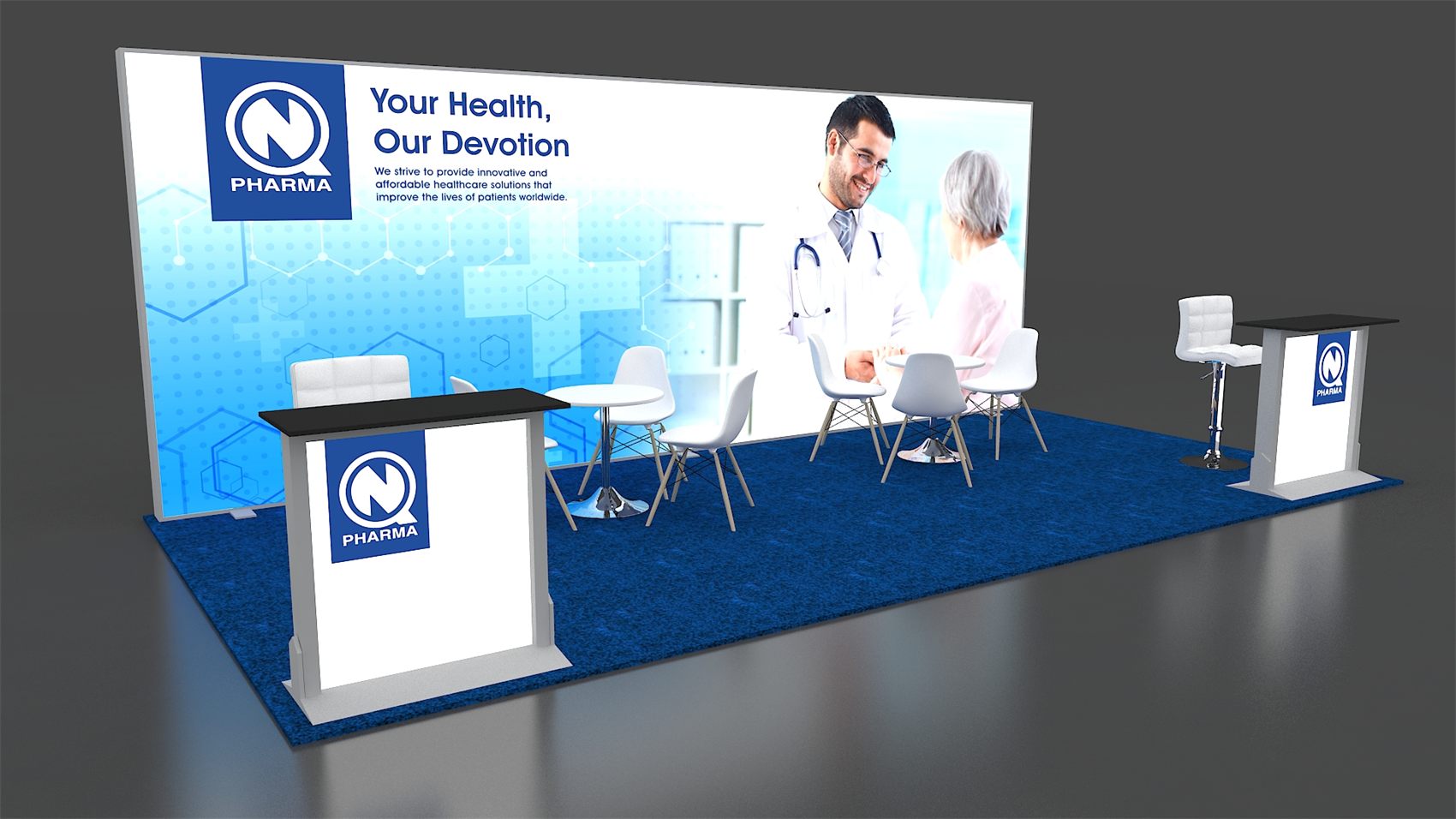 10×20 Inline Booth With Backlit Wall and Twin Lightbox Podiums