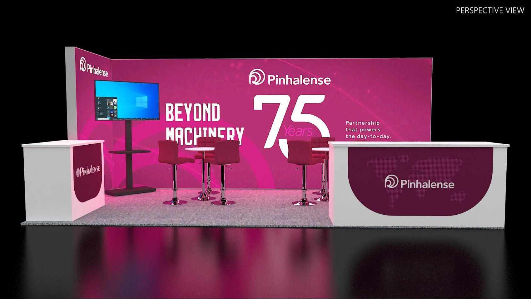 Design render of a 10×20 inline trade show booth: inline booth with backlit wall and two front counters