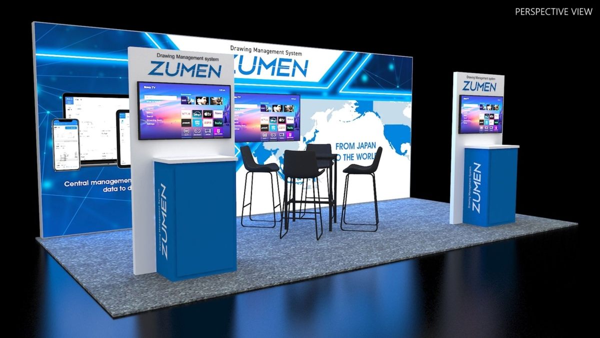 Design render of a 10×20 inline trade show booth: inline booth with backlit wall and two screen counters