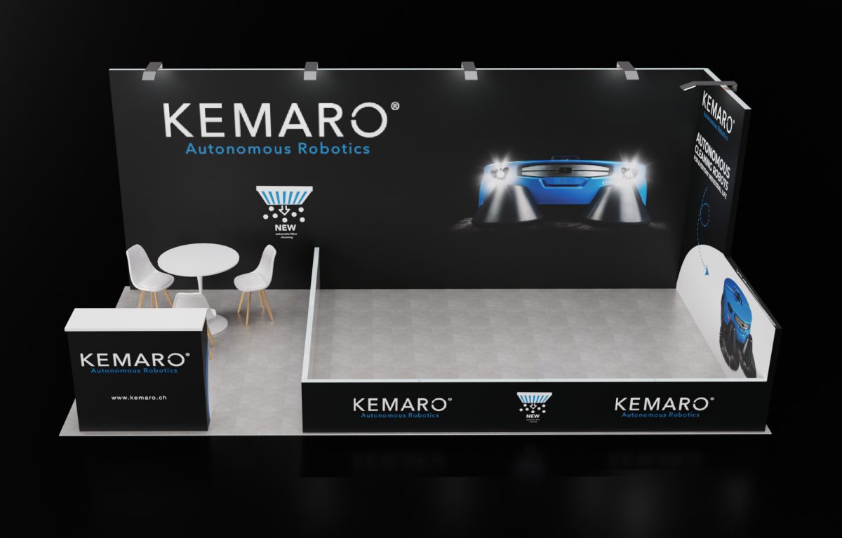 Design render of a 10×20 inline trade show booth: inline booth with black graphic wall and open equipment display area