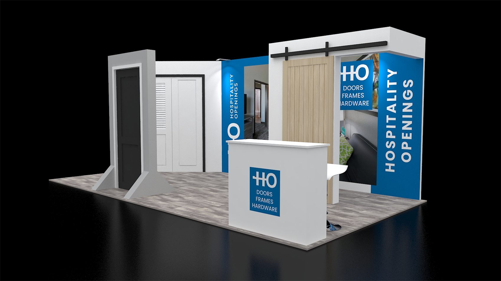 10×20 Inline Booth With Built Door Mockups and Sliding Barn Door Header