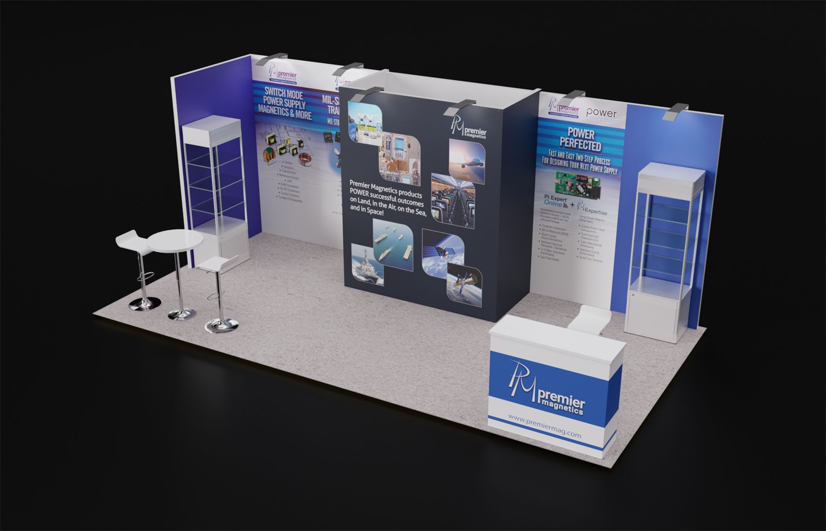 10×20 Inline Booth With Center Graphic Tower and Glass Showcases
