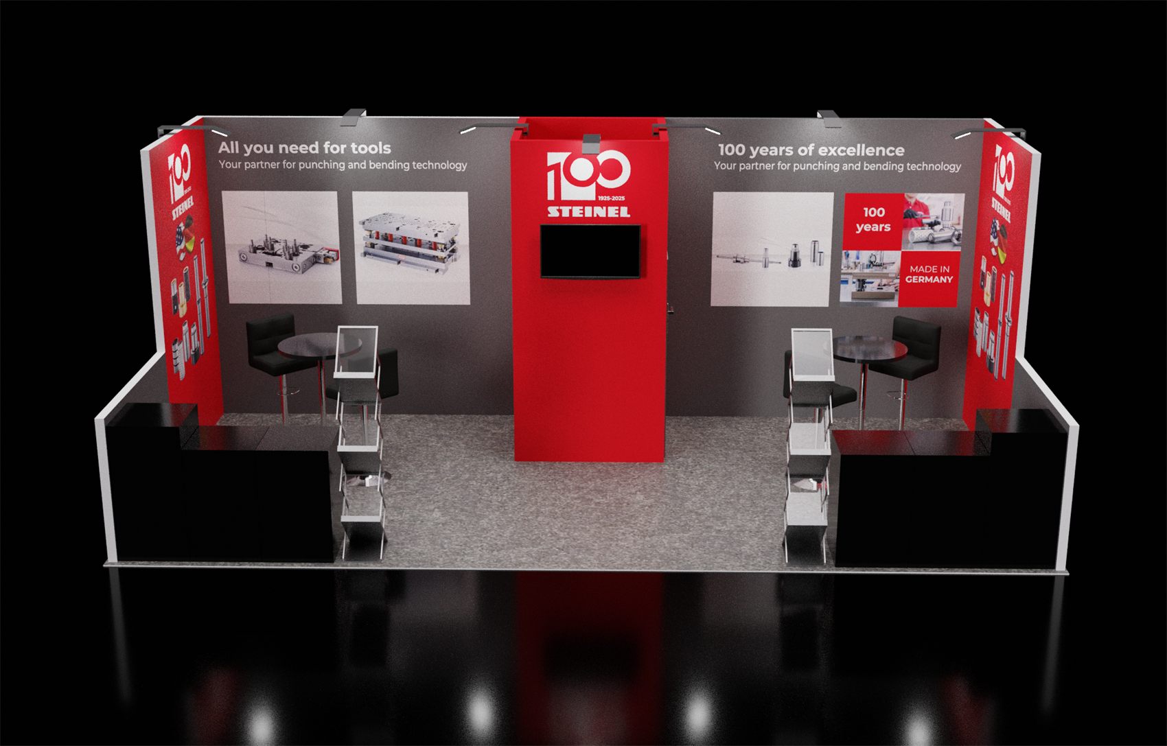 10×20 Inline Booth With Center Logo Tower and Two Bar Table Areas