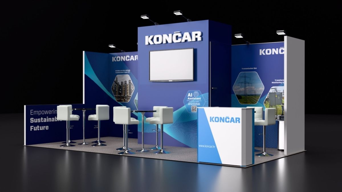 Design render of a 10×20 inline trade show booth: inline booth with center tower with tv and bar-height seating