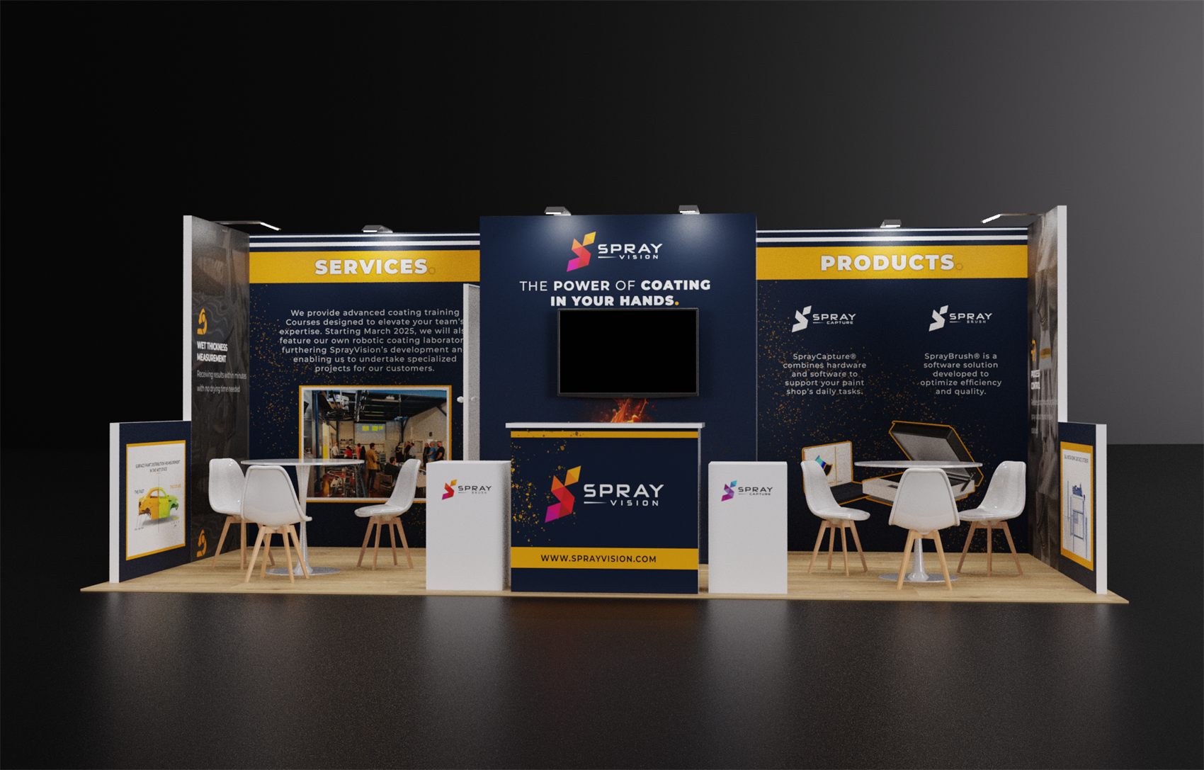 10×20 Inline Booth With Center TV Tower and Two Meeting Tables