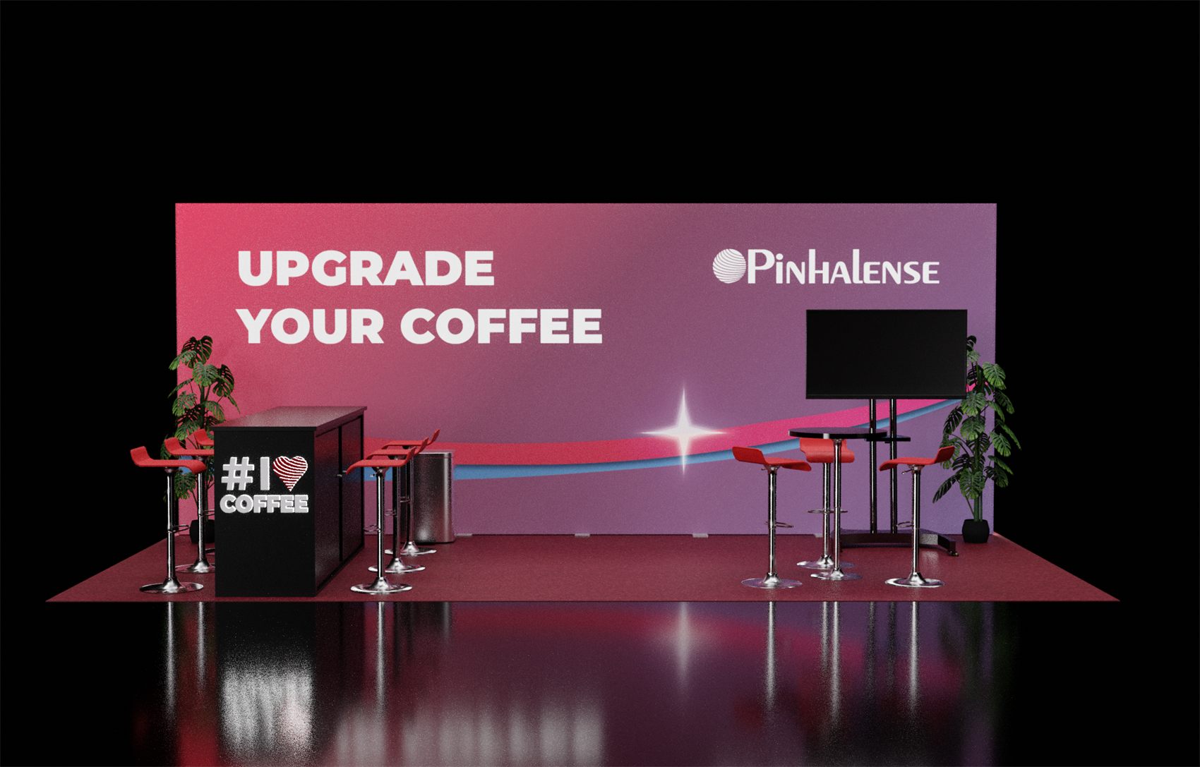 10×20 Inline Booth With Coffee Bar Counter and TV Stand