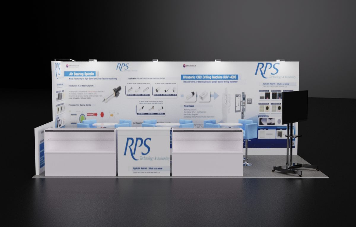 Design render of a 10×20 inline trade show booth: inline booth with counter display wall and floor-stand tv