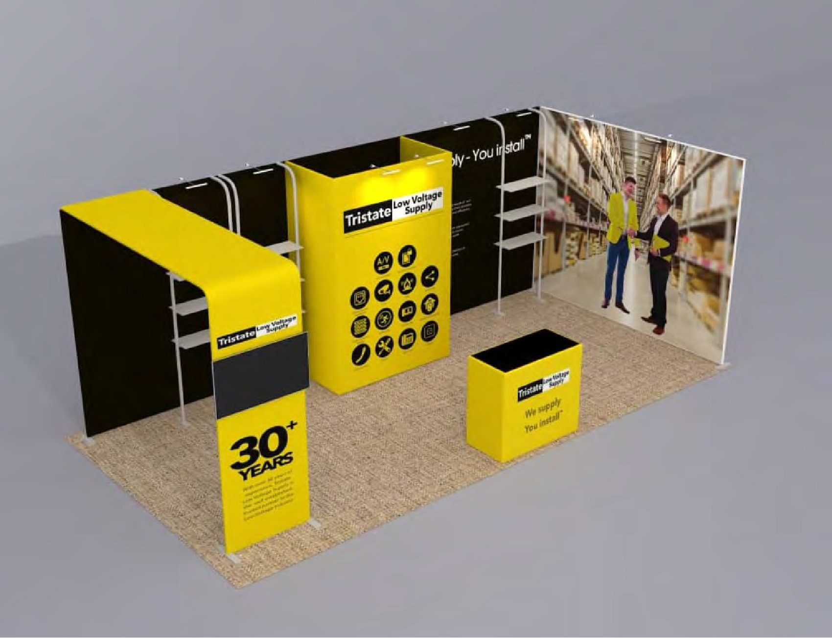 Design render of a 10×20 inline trade show booth: inline booth with curved arch header and storage closet