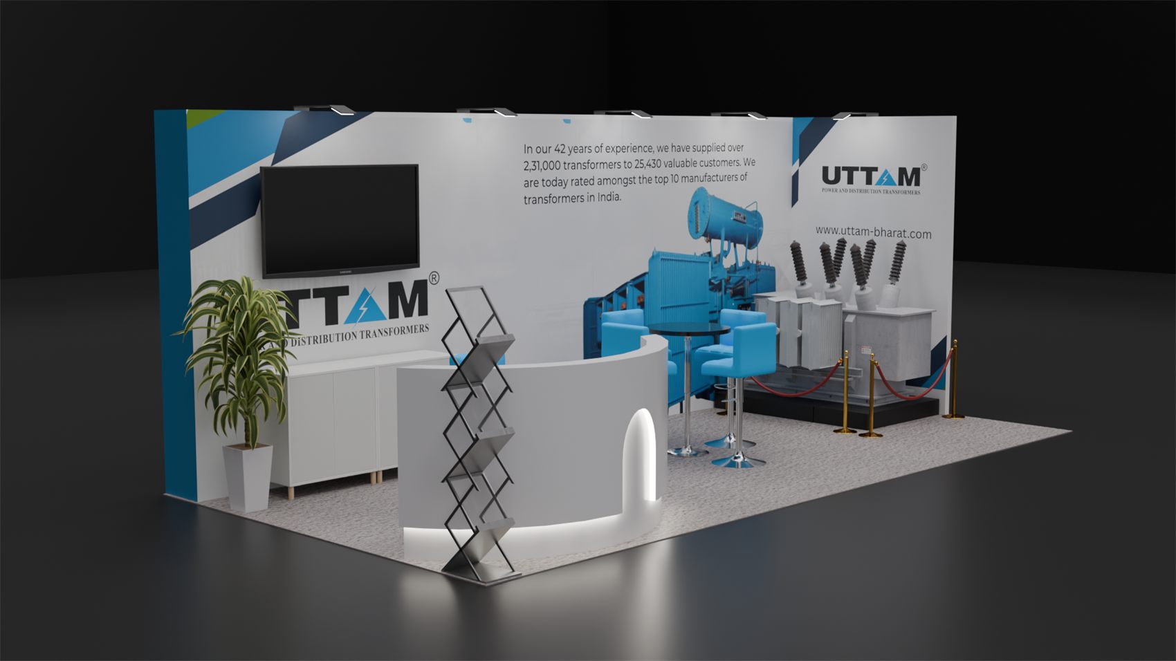 10×20 Inline Booth With Curved Backlit Counter and Equipment Display Platform
