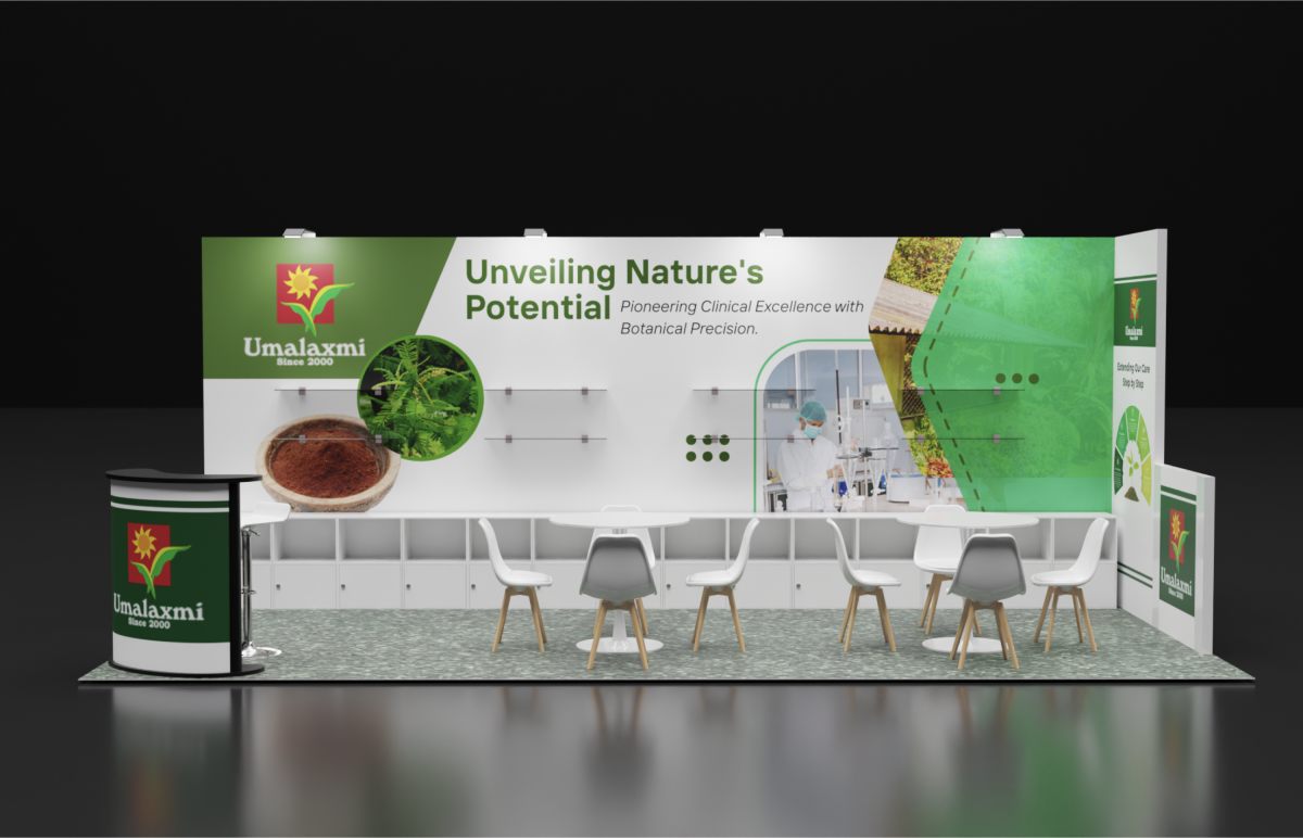 Design render of a 10×20 inline trade show booth: inline booth with curved counter and low storage cabinets