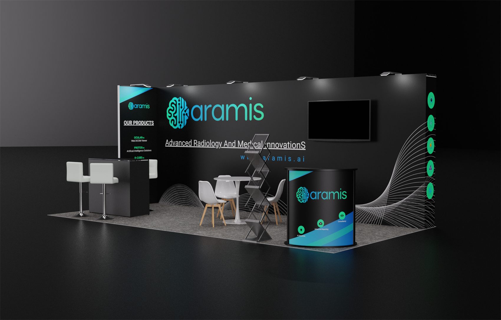 10×20 Inline Booth With Curved Counter and Wall-Mounted TV