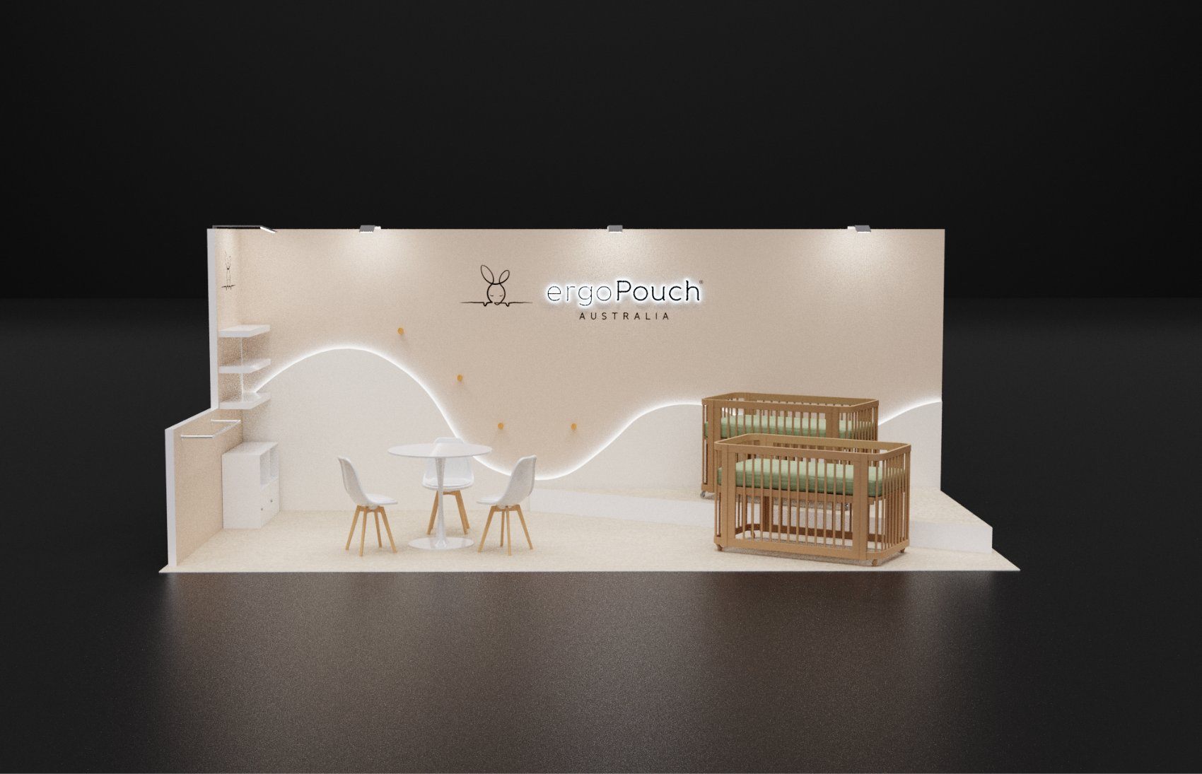 Design render of a 10×20 inline trade show booth: inline booth with curved light wall and raised display platform