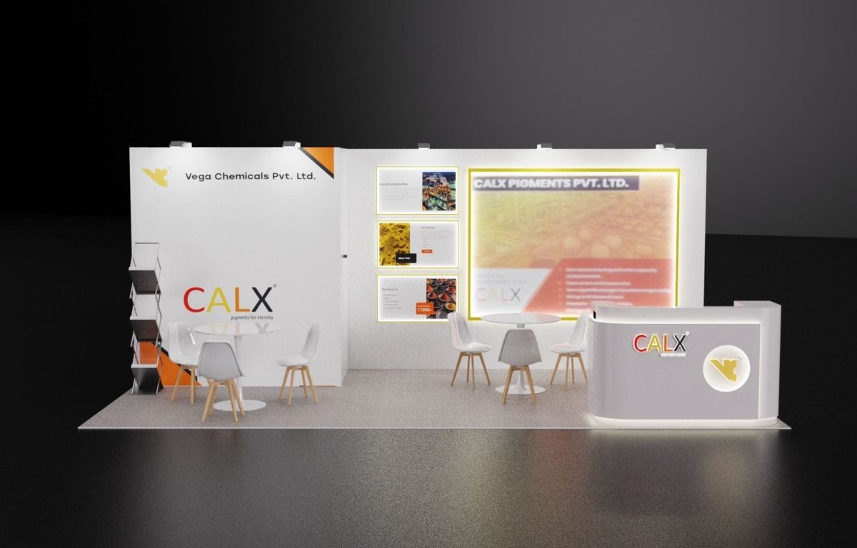 Design render of a 10×20 inline trade show booth: inline booth with curved lit reception counter and backlit frame
