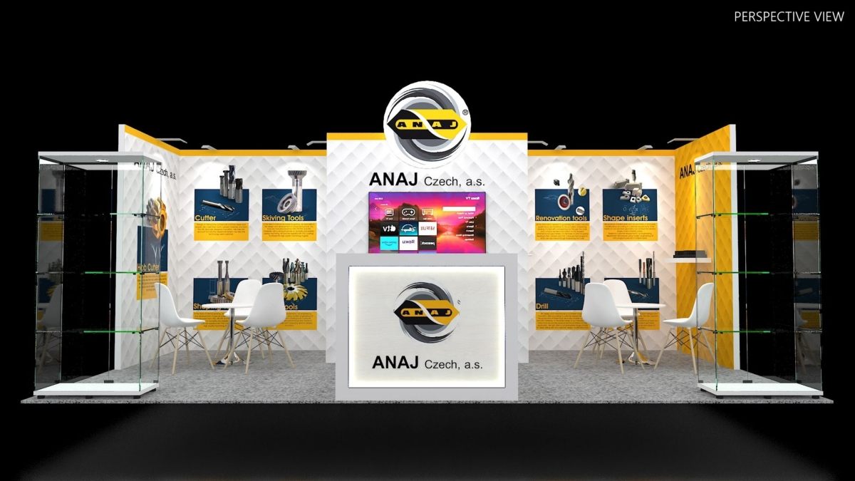 Design render of a 10×20 inline trade show booth: inline booth with display cases and quilted wall