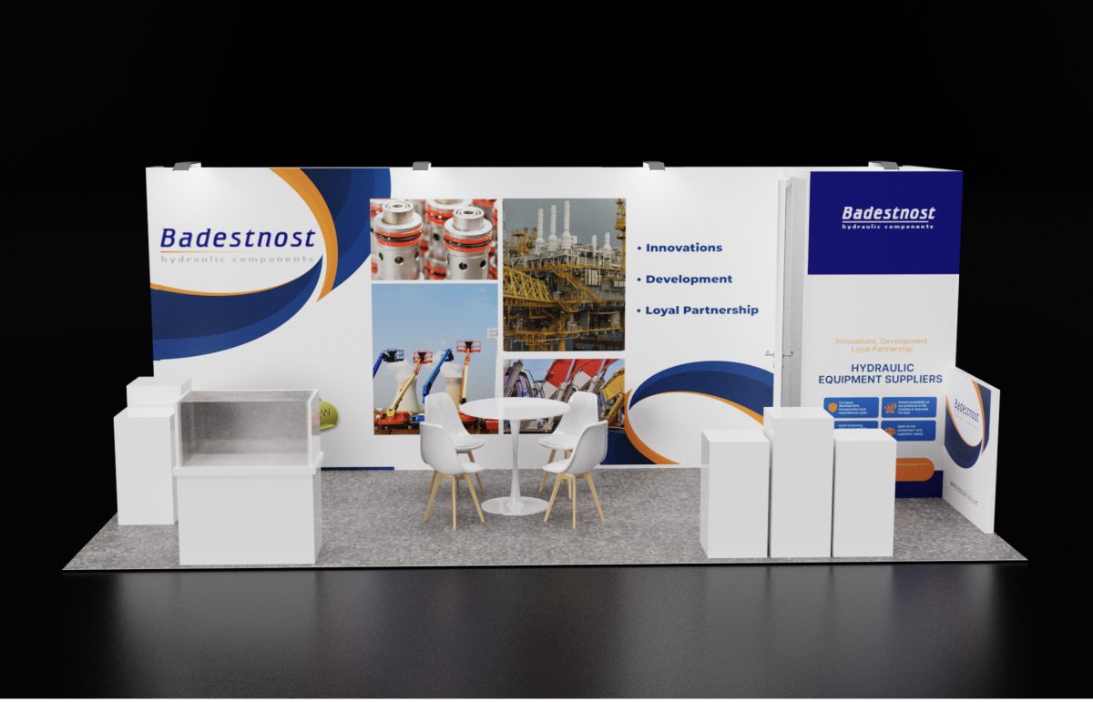 Design render of a 10×20 inline trade show booth: inline booth with display counter and six product pedestals