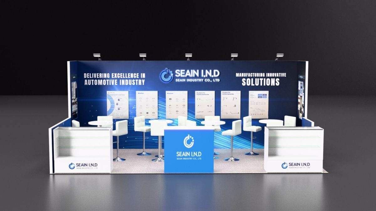 Design render of a 10×20 inline trade show booth: inline booth with display counters and bar seating