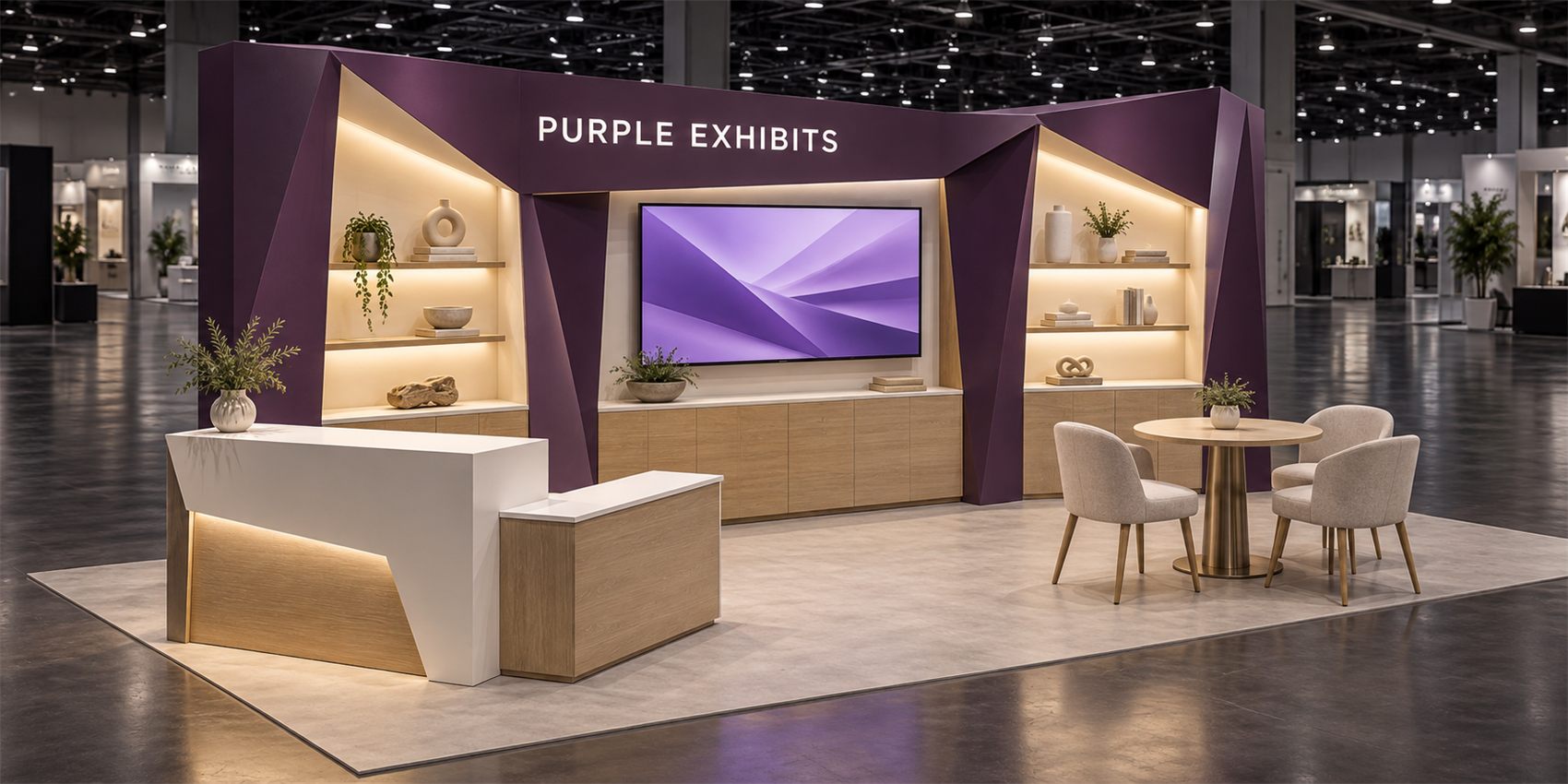 10×20 Inline Booth With Faceted Backlit Shelving Niches and Central TV