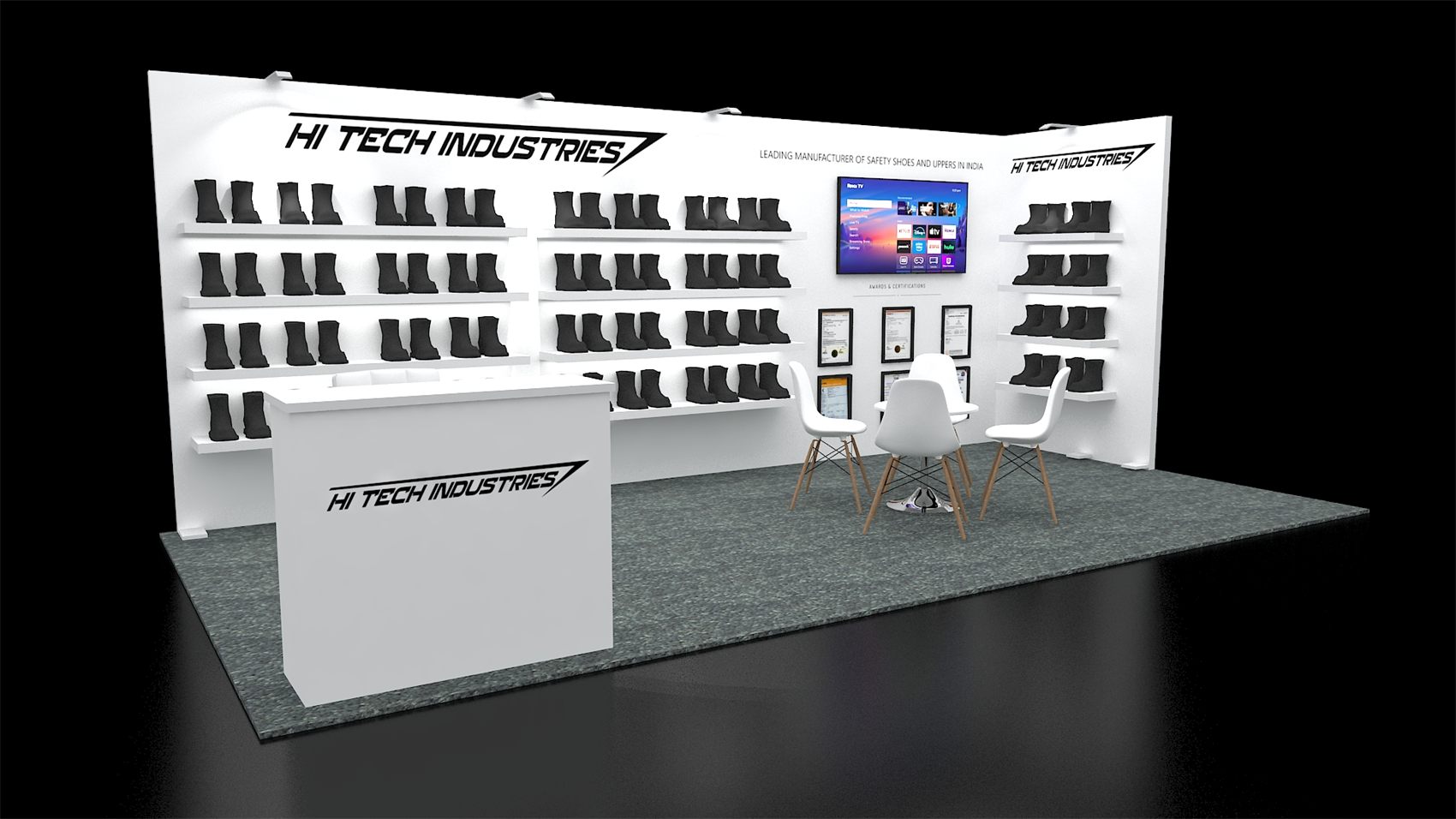 10×20 Inline Booth With Floating Product Shelves and Certificate Display