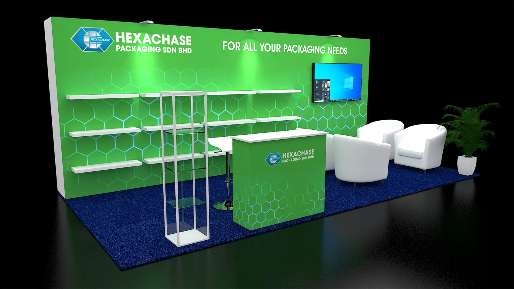 Design render of a 10×20 inline trade show booth: inline booth with floating shelf wall and tub chair lounge