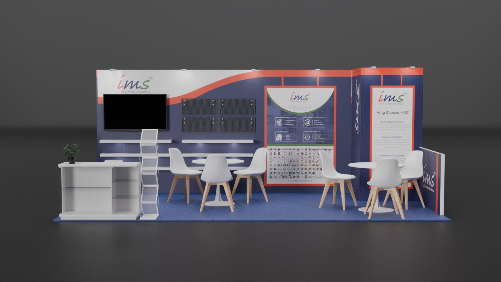 Design render of a 10×20 inline trade show booth: inline booth with floating shelves and display showcase