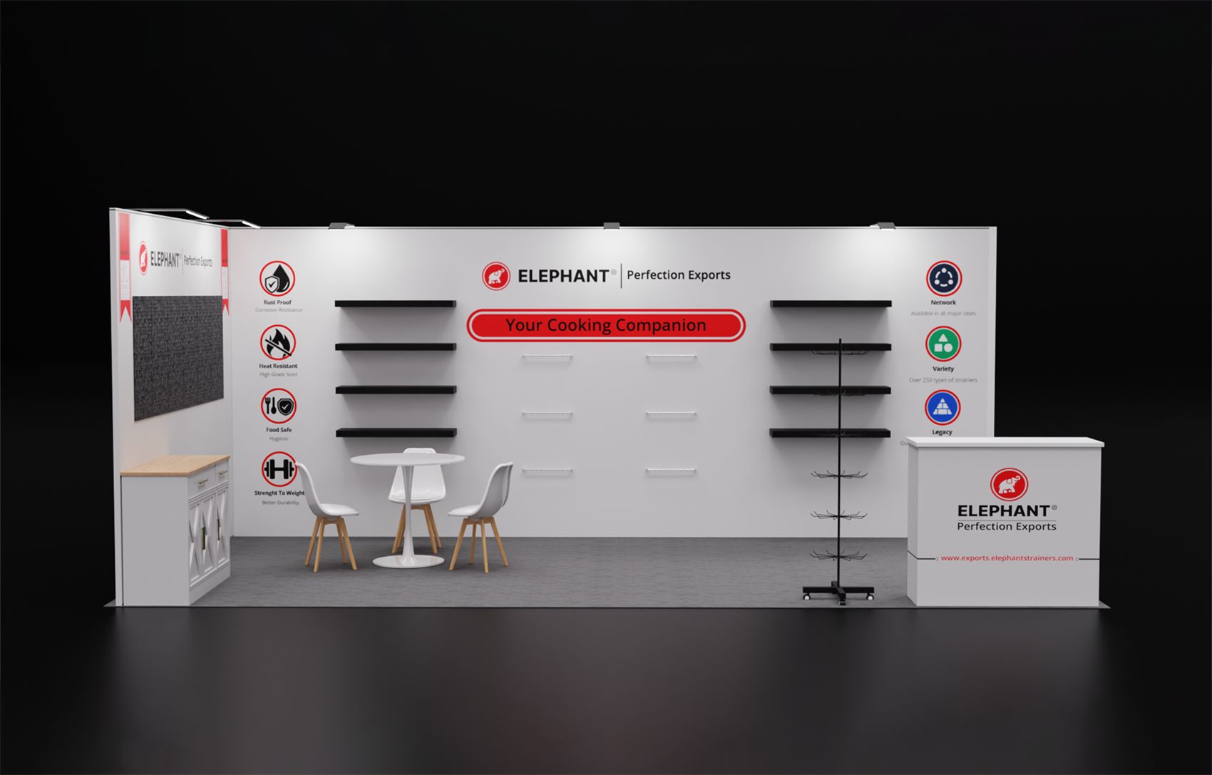 10×20 Inline Booth With Floating Shelves and Spinner Display Rack