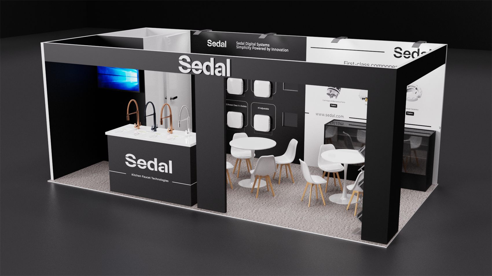 10×20 Inline Booth With Front Header Frame and Live Faucet Demo Counter