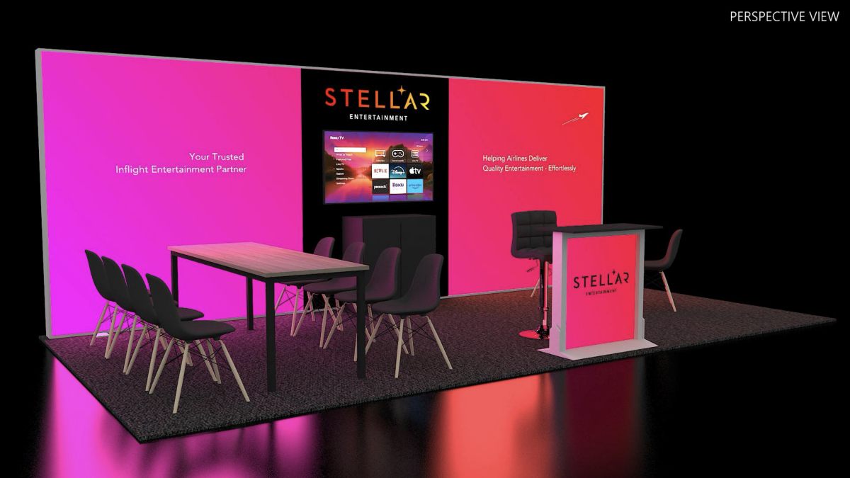Design render of a 10×20 inline trade show booth: inline booth with full-color backlit wall and meeting table