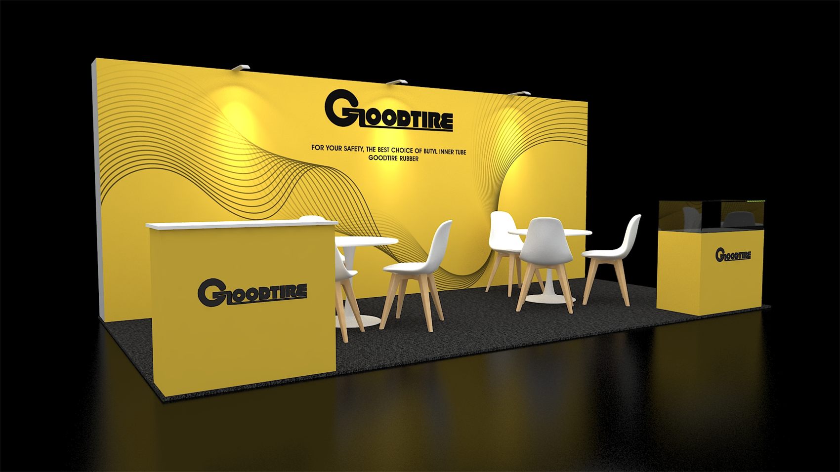 10×20 Inline Booth With Full Graphic Wall and Glass-Top Display Pedestal