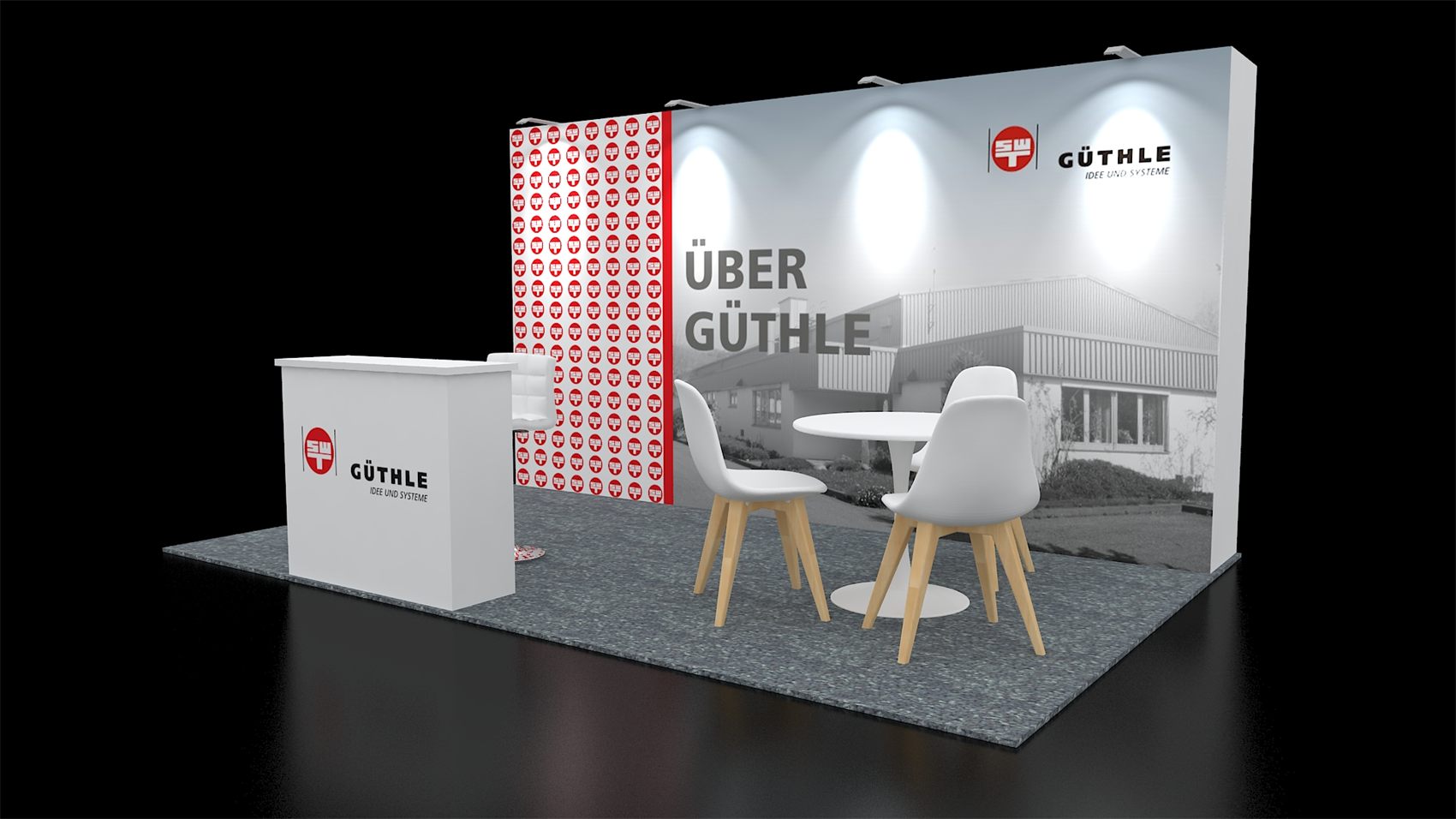 10×20 Inline Booth With Full-Width Photo Back Wall and Café Table Seating