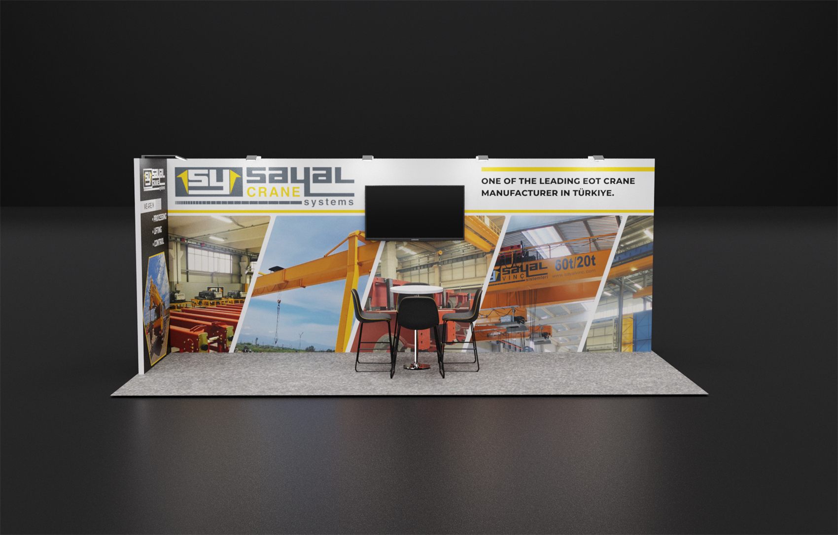 10×20 Inline Booth With Full-Width Photo Back Wall and Wall-Mounted TV